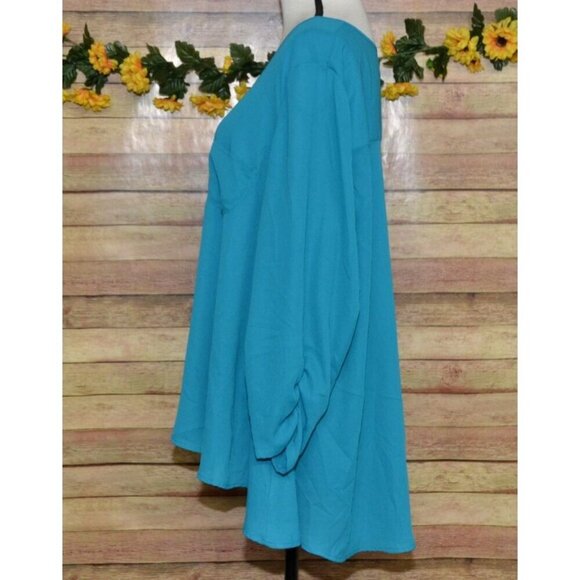 Valerie Stevens Blue Button Front Blouse Size 3X Flowy Chiffon 3/4 Ruched Sleeve - Picture 6 of 11